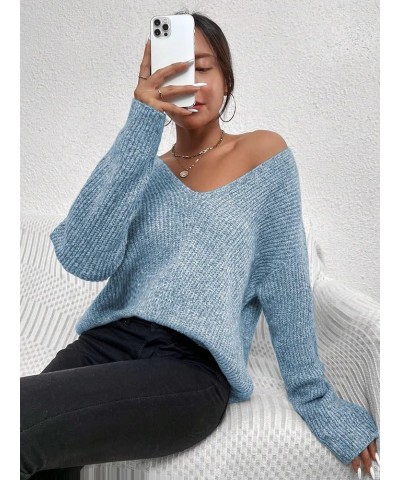 Women's V Neck Sweater Long Sleeve Drop Shoulder Ribbed Knit Oversized Pullovers Tops Dusty Blue $15.17 Sweaters