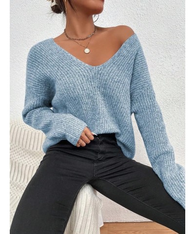 Women's V Neck Sweater Long Sleeve Drop Shoulder Ribbed Knit Oversized Pullovers Tops Dusty Blue $15.17 Sweaters