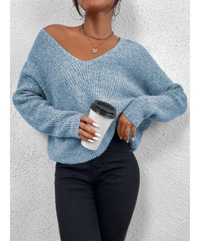 Women's V Neck Sweater Long Sleeve Drop Shoulder Ribbed Knit Oversized Pullovers Tops Dusty Blue $15.17 Sweaters