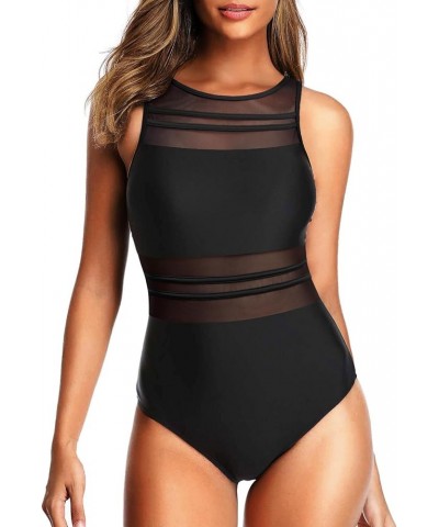 Women High Neck One Piece Mesh Swimsuits Full Coverage Bathing Suits Slimming Swimwear Black $20.29 Swimsuits