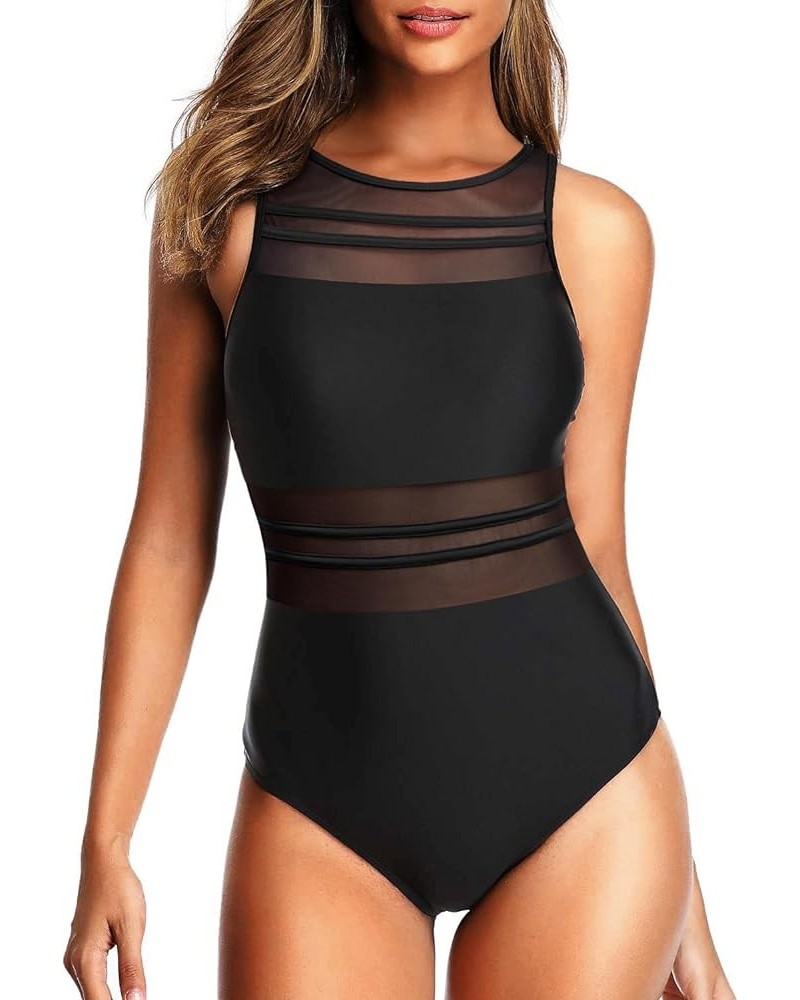 Women High Neck One Piece Mesh Swimsuits Full Coverage Bathing Suits Slimming Swimwear Black $20.29 Swimsuits