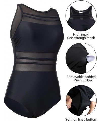 Women High Neck One Piece Mesh Swimsuits Full Coverage Bathing Suits Slimming Swimwear Black $20.29 Swimsuits