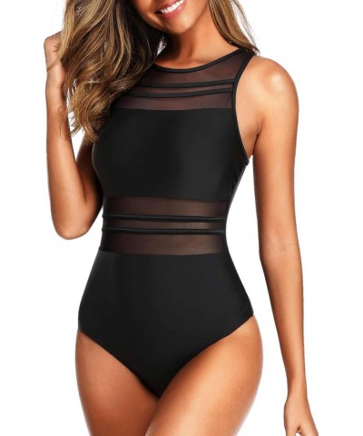 Women High Neck One Piece Mesh Swimsuits Full Coverage Bathing Suits Slimming Swimwear Black $20.29 Swimsuits