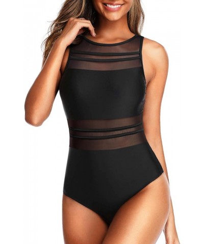 Women High Neck One Piece Mesh Swimsuits Full Coverage Bathing Suits Slimming Swimwear Black $20.29 Swimsuits