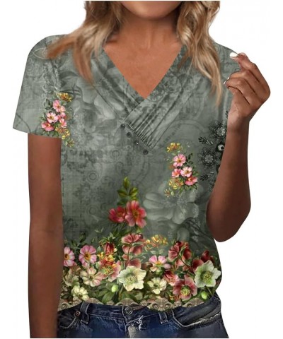 Womens Summer Tops 2023 Trendy V Neck Pleats Blouse Flower Print Tunic Tops Loose Button Pullover 12dark Green $8.99 Blouses