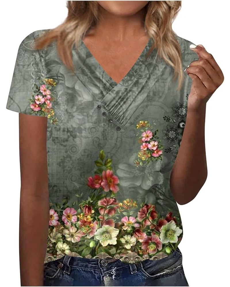 Womens Summer Tops 2023 Trendy V Neck Pleats Blouse Flower Print Tunic Tops Loose Button Pullover 12dark Green $8.99 Blouses