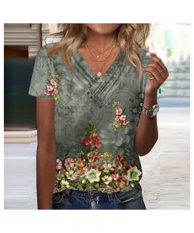 Womens Summer Tops 2023 Trendy V Neck Pleats Blouse Flower Print Tunic Tops Loose Button Pullover 12dark Green $8.99 Blouses