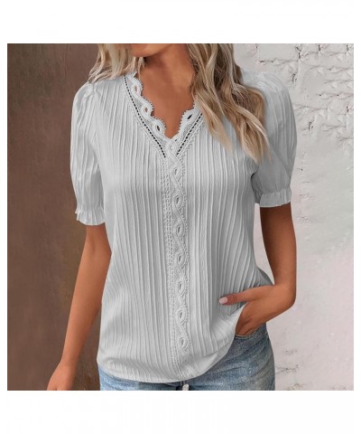 Women Lace Crochet Tops Sexy V Neck Puff Sleeve T Shirts Summer Fashion 2023 Loose fit Blouses B-light Gray $7.45 Blouses