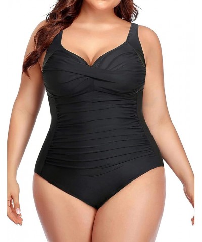 Women Plus Size One Piece Swimsuits Tummy Control Bathing Suits Twist Front Ruched Swimwear Black $22.79 Swimsuits