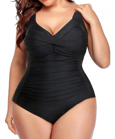 Women Plus Size One Piece Swimsuits Tummy Control Bathing Suits Twist Front Ruched Swimwear Black $22.79 Swimsuits