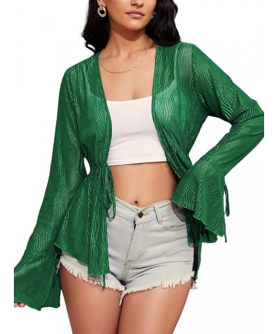 Women Tie Front Cardigan Long Sleeve Sheer Mesh Shrug Tie Top Lightweight Bolero Shrugs for Dresses Cover Ups A-green $10.59 ...