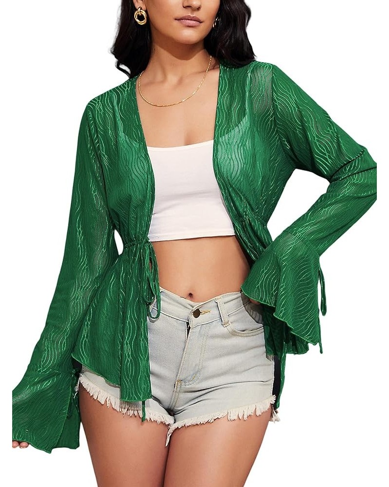 Women Tie Front Cardigan Long Sleeve Sheer Mesh Shrug Tie Top Lightweight Bolero Shrugs for Dresses Cover Ups A-green $10.59 ...