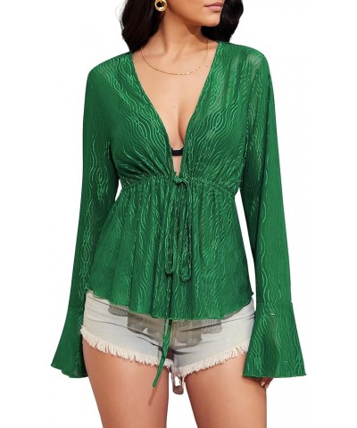 Women Tie Front Cardigan Long Sleeve Sheer Mesh Shrug Tie Top Lightweight Bolero Shrugs for Dresses Cover Ups A-green $10.59 ...