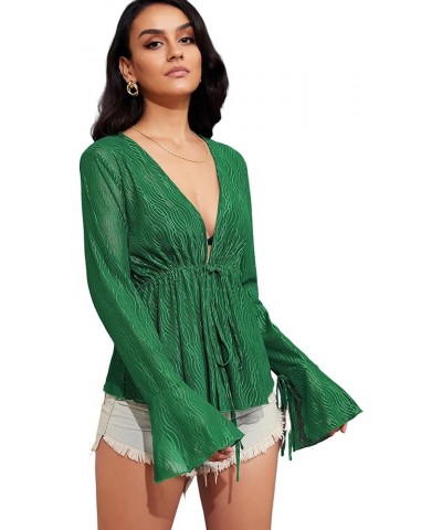 Women Tie Front Cardigan Long Sleeve Sheer Mesh Shrug Tie Top Lightweight Bolero Shrugs for Dresses Cover Ups A-green $10.59 ...