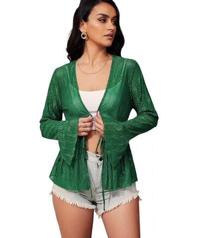 Women Tie Front Cardigan Long Sleeve Sheer Mesh Shrug Tie Top Lightweight Bolero Shrugs for Dresses Cover Ups A-green $10.59 ...