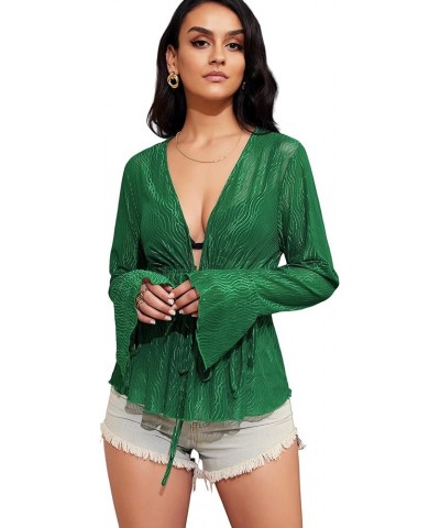 Women Tie Front Cardigan Long Sleeve Sheer Mesh Shrug Tie Top Lightweight Bolero Shrugs for Dresses Cover Ups A-green $10.59 ...