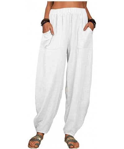 Women Cotton Linen Pants Baggy Elastic Waist Cropped Casual Loose Beach Pants White $21.26 Pants