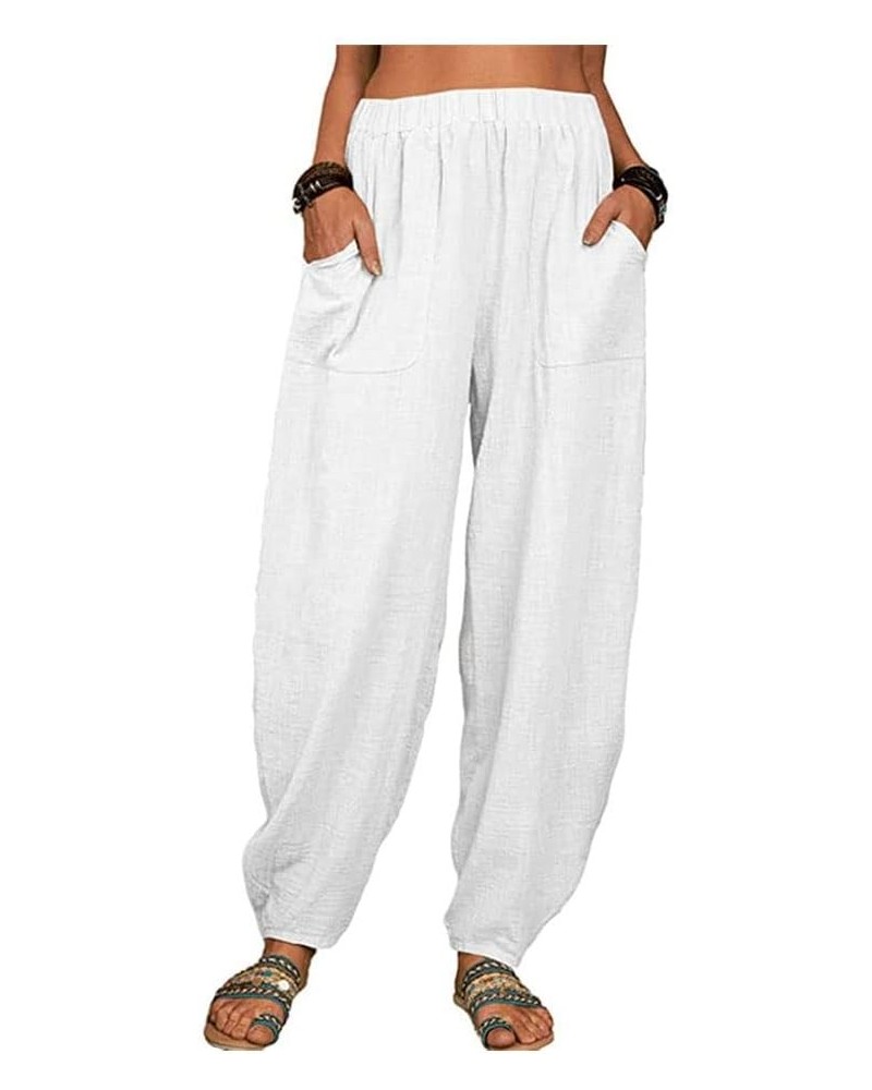 Women Cotton Linen Pants Baggy Elastic Waist Cropped Casual Loose Beach Pants White $21.26 Pants