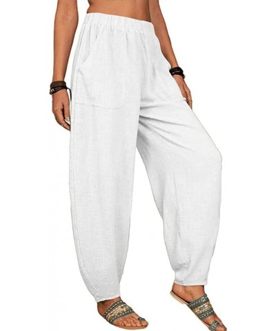 Women Cotton Linen Pants Baggy Elastic Waist Cropped Casual Loose Beach Pants White $21.26 Pants