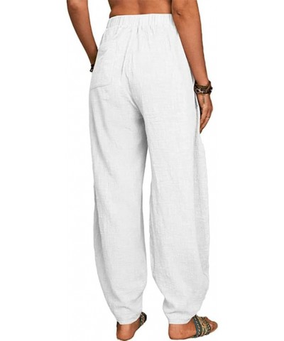 Women Cotton Linen Pants Baggy Elastic Waist Cropped Casual Loose Beach Pants White $21.26 Pants