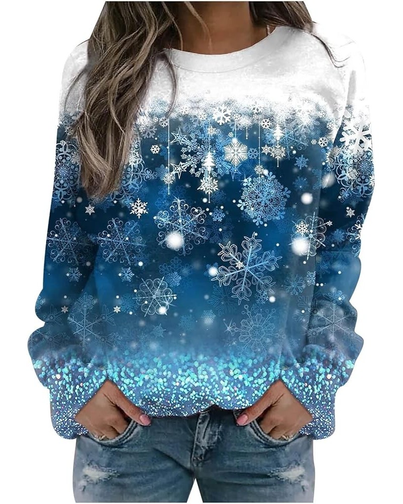 Christmas Women Tops Cute Reindeer Print Casual Loose Long Sleeve Crewneck Sweaters Sweatshirt Holiday Pullover Tops 08bblue ...