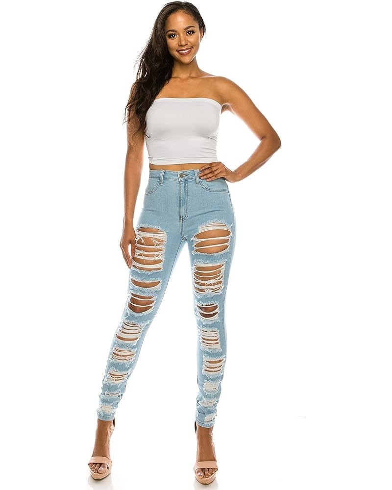 Aphrodite Skinny Cargo Jeans for Women - High Waisted Hand Sanding Distressed Ripped Jeans Stretch Denim Pants 4601a-light Bl...