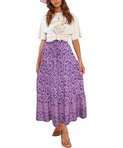 Women's 2024 Bohemian Floral Printed Elastic Waist A Line Maxi Skirt with Pockets Lightpurple $23.84 Skirts