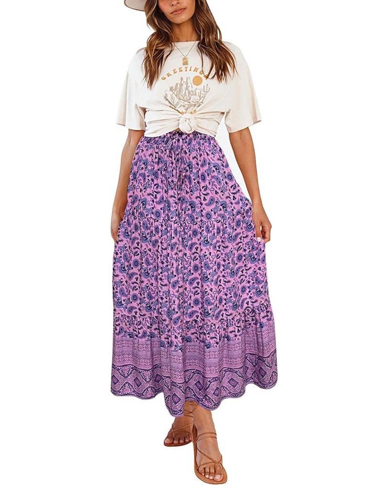 Women's 2024 Bohemian Floral Printed Elastic Waist A Line Maxi Skirt with Pockets Lightpurple $23.84 Skirts