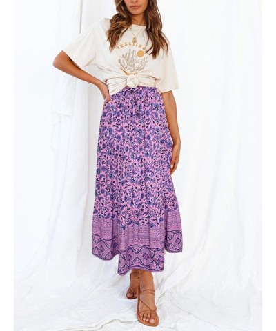 Women's 2024 Bohemian Floral Printed Elastic Waist A Line Maxi Skirt with Pockets Lightpurple $23.84 Skirts