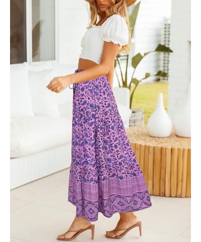 Women's 2024 Bohemian Floral Printed Elastic Waist A Line Maxi Skirt with Pockets Lightpurple $23.84 Skirts