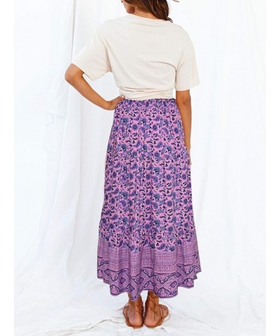 Women's 2024 Bohemian Floral Printed Elastic Waist A Line Maxi Skirt with Pockets Lightpurple $23.84 Skirts