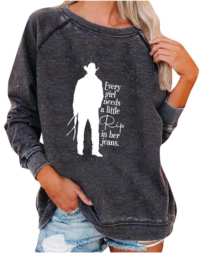 Womens Raglan Long Sleeve Sweatshirt Every Girl Needs A Little Rip In Her Jeans Shirts Tops Casual Loose T-Shirt Top Gray $3....