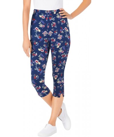 Women's Plus Size Stretch Cotton Printed Capri Legging Evening Blue Mixed Bouquet $15.55 Leggings