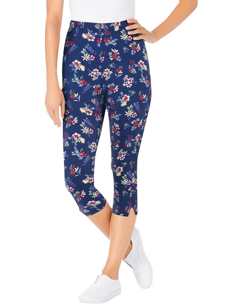 Women's Plus Size Stretch Cotton Printed Capri Legging Evening Blue Mixed Bouquet $15.55 Leggings