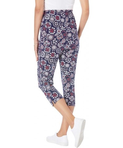 Women's Plus Size Stretch Cotton Printed Capri Legging Evening Blue Mixed Bouquet $15.55 Leggings