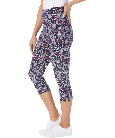 Women's Plus Size Stretch Cotton Printed Capri Legging Evening Blue Mixed Bouquet $15.55 Leggings