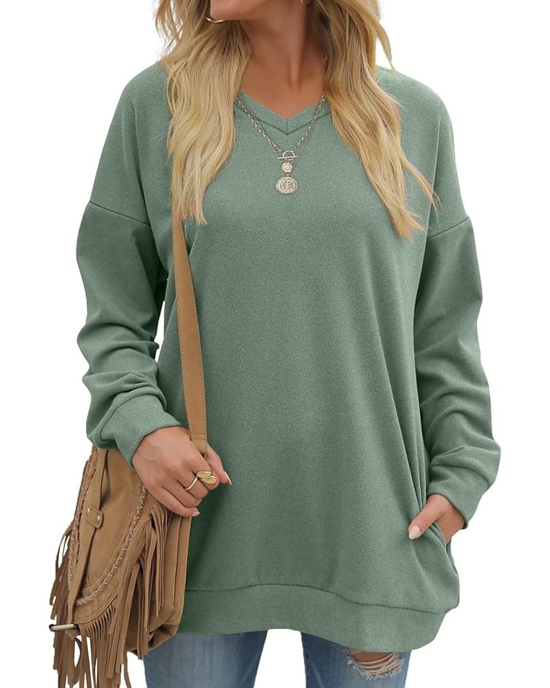 Women's Sweatshirts V Neck Oversized Long Sleeve Pockets Top B02-green $20.79 Hoodies & Sweatshirts