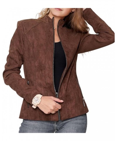 Women's Suede Leather Jacket Modern Stylish Winter Wear Leather Coat Dark Brown $75.95 Coats