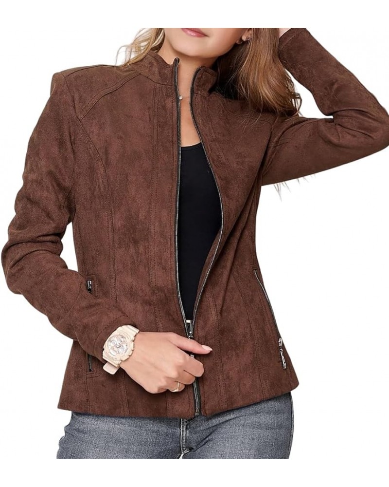 Women's Suede Leather Jacket Modern Stylish Winter Wear Leather Coat Dark Brown $75.95 Coats