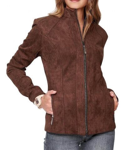 Women's Suede Leather Jacket Modern Stylish Winter Wear Leather Coat Dark Brown $75.95 Coats