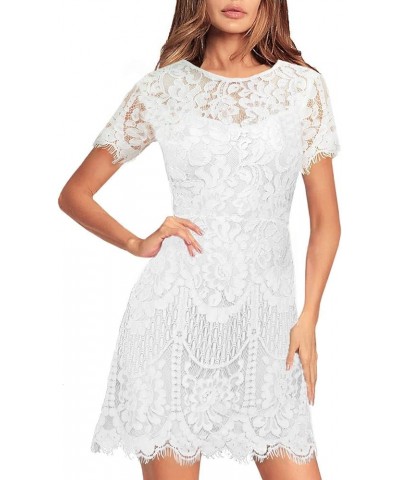 Women's Elegant Round Neck V-Back Wedding Guest Floral Lace Cocktail Party A Line Dress 910 White $15.40 Dresses