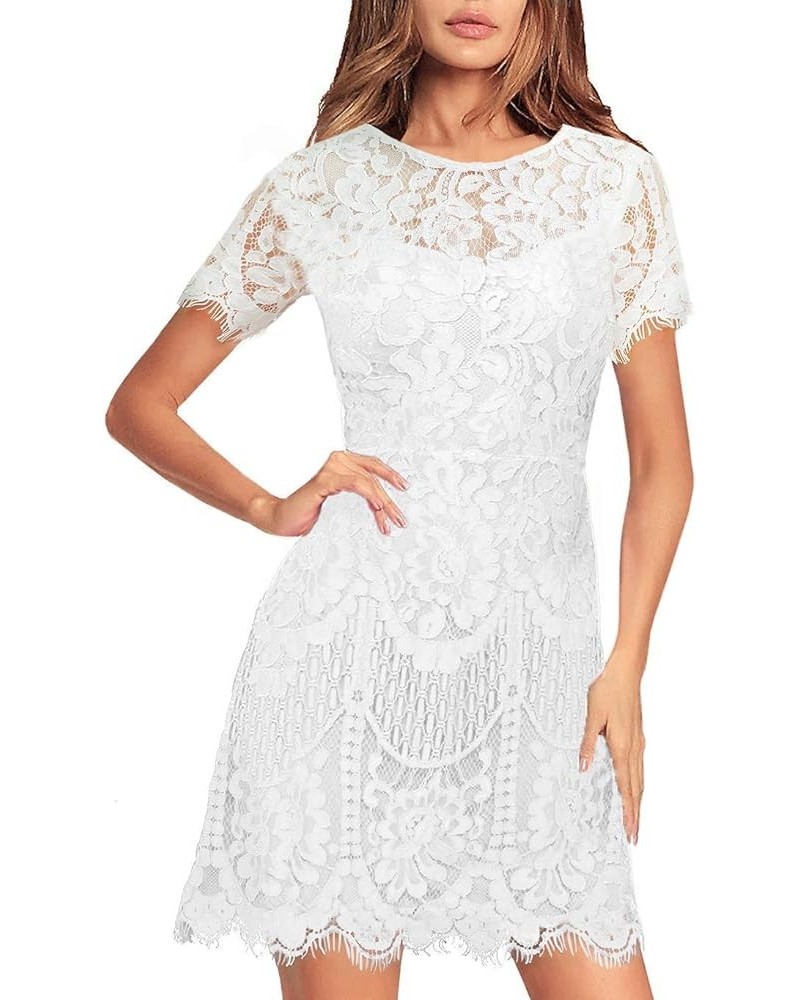 Women's Elegant Round Neck V-Back Wedding Guest Floral Lace Cocktail Party A Line Dress 910 White $15.40 Dresses