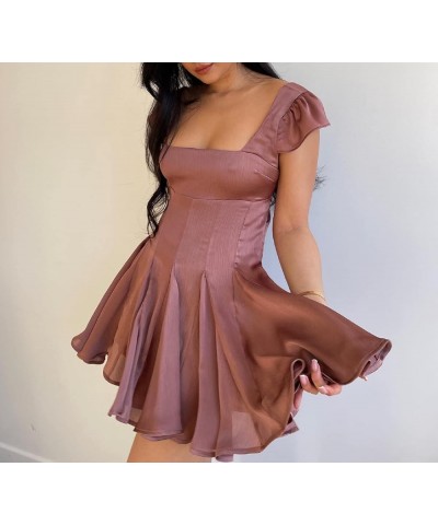 Women Spaghetti Strap Mini Dress Cut Out Square Neck Slip Dress Bodycon Backless Camis Short Dress Y2k Streetwear H1-mocha $1...