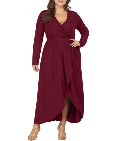 Women Plus Size Wrap V Neck Long Sleeve Ruffle Maxi Dress Flowy Long Dresses Wine Red $14.27 Dresses