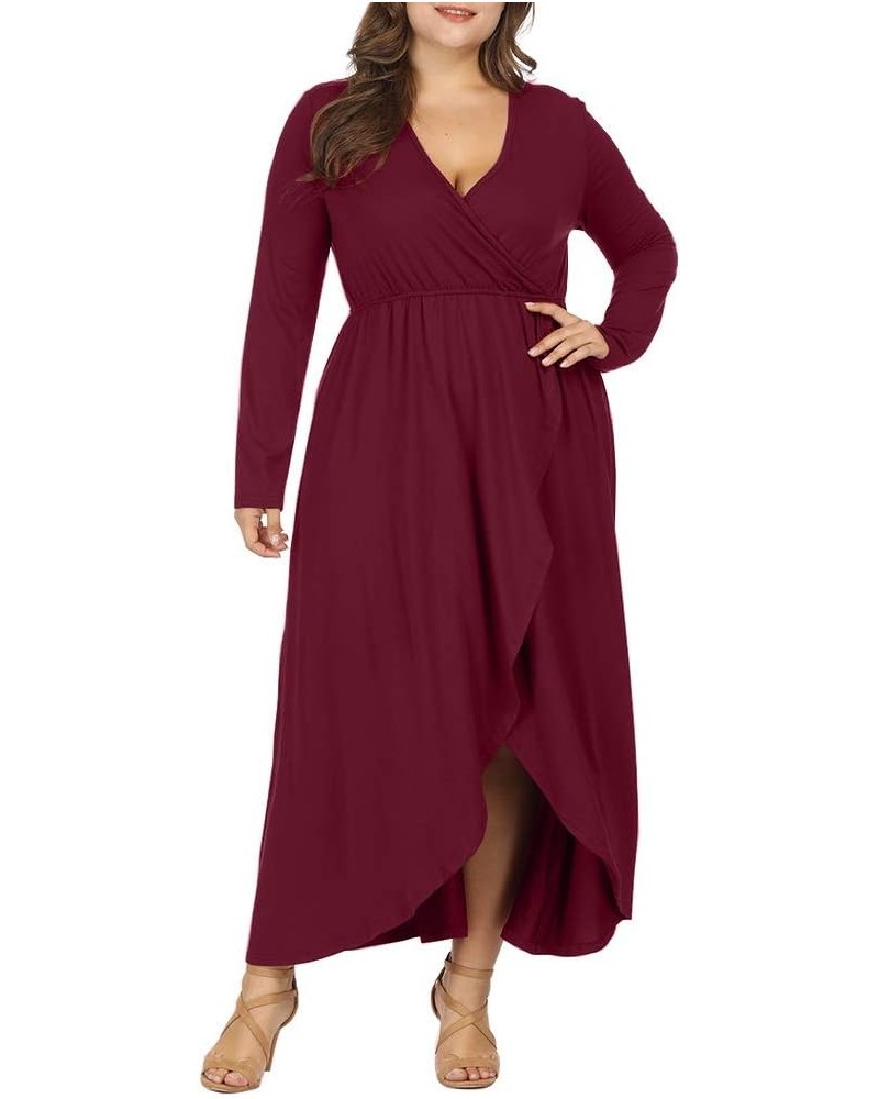 Women Plus Size Wrap V Neck Long Sleeve Ruffle Maxi Dress Flowy Long Dresses Wine Red $14.27 Dresses