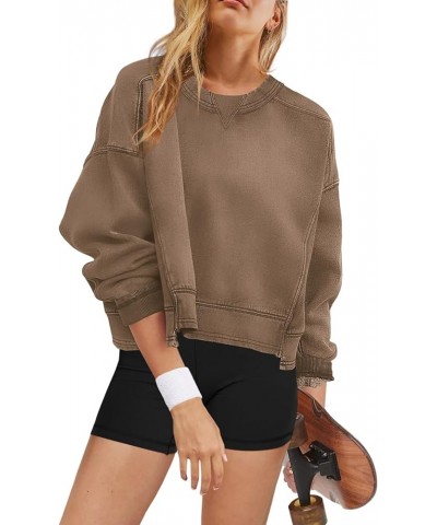 Womens Cropped Crewneck Sweatshirts Crop Oversized Sweatshirts Athletic Long Sleeve Tops Workout Fleece Pullover Coffee $15.2...