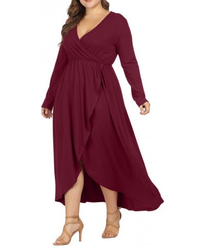 Women Plus Size Wrap V Neck Long Sleeve Ruffle Maxi Dress Flowy Long Dresses Wine Red $14.27 Dresses