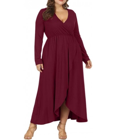 Women Plus Size Wrap V Neck Long Sleeve Ruffle Maxi Dress Flowy Long Dresses Wine Red $14.27 Dresses