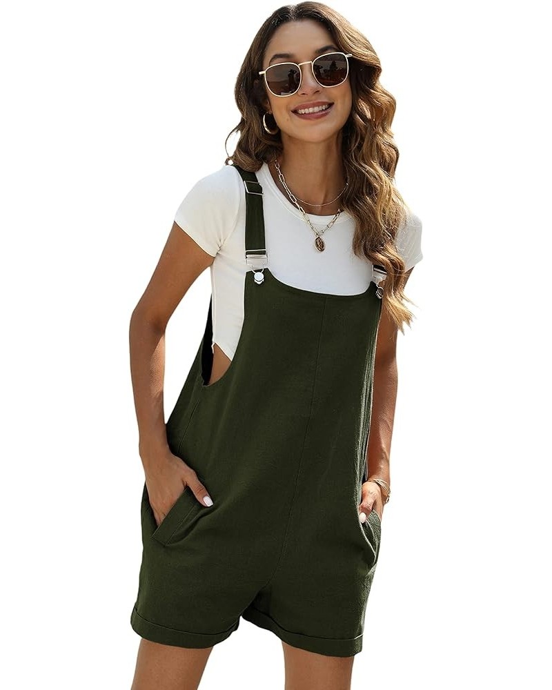 Women Cotton Blend Shortall Linen Dual Pocketed Adjustable Strap Cream Pinafore Overall Romper Green $15.33 Overalls