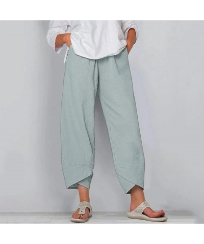 Cotton Linen Capri Pants Casual Summer Printed Cropped Comfy Baggy Trousers with Pockets Palazzo Lounge Pants Pale Blue $12.4...